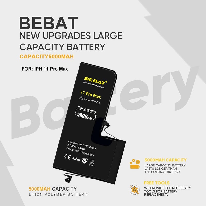 BEBAT Replacement for iPhone 11 PRO MAX Battery, 5000mAh High Capacity Li-ion Polymer Replacement Battery for Model A2218 A2161 A2220 with Professional Repair Tool Kits - Image 3